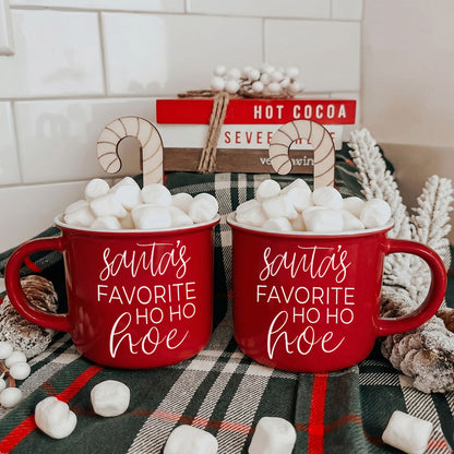 Ho Ho Hoe mugs by Gia Roma, red ceramic coffee mugs, pair filled with white marshmallows on Tampa Home & Garden Store
