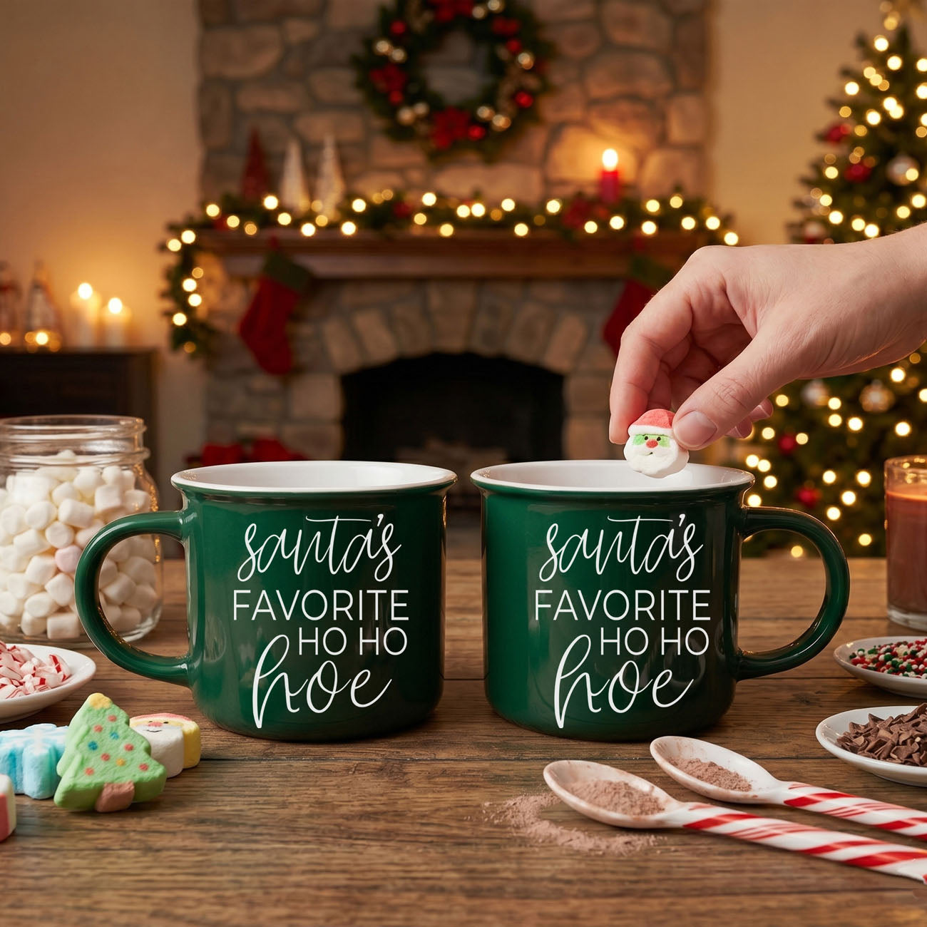 Gia Roma green coffee mugs, two, Santa's Favorite Ho Ho hoe placing Santa cookie into one mug on Tampa Home & Garden Store