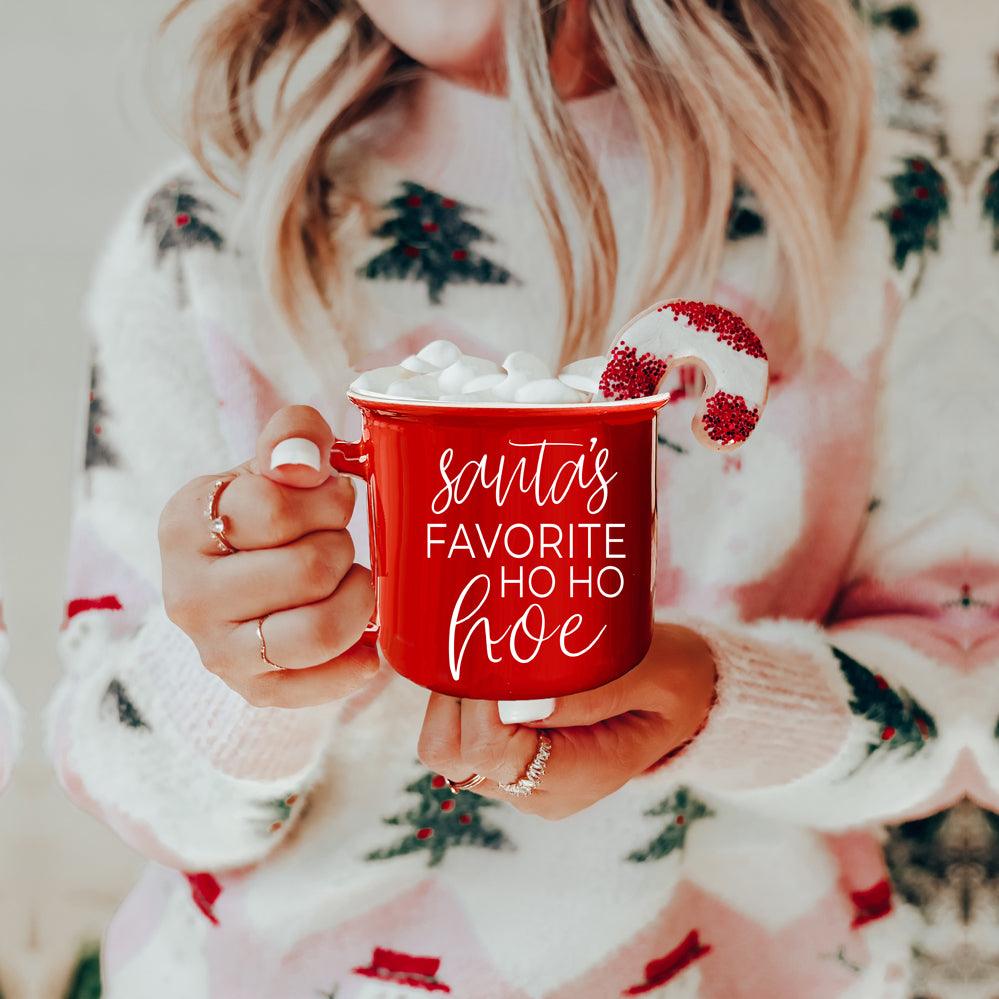Ho Ho Hoe mug by Gia Roma red mug with festive white script, marshmallows, and candy cane on Tampa Home & Garden Store