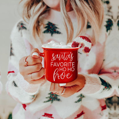 Ho Ho Hoe mug by Gia Roma red mug with festive white script, marshmallows, and candy cane on Tampa Home & Garden Store