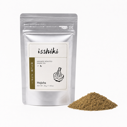 isshiki Hojicha Roasted Green Tea Powder in a silver resealable pouch on Tampa Home & Garden Store