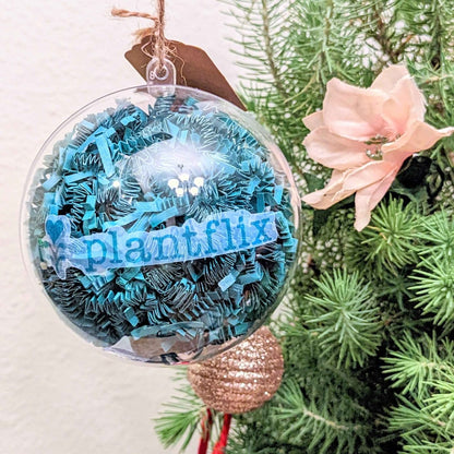 Holiday Seed Ornament by Plantflix, clear ornament ball with blue shredded filler on Tampa Home & Garden Store