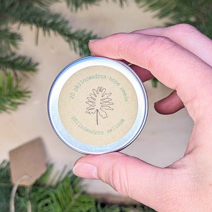 Holiday Seed Ornament seeds tin label 20 philodendron hops seeds and plant sketch on Tampa Home & Garden Store