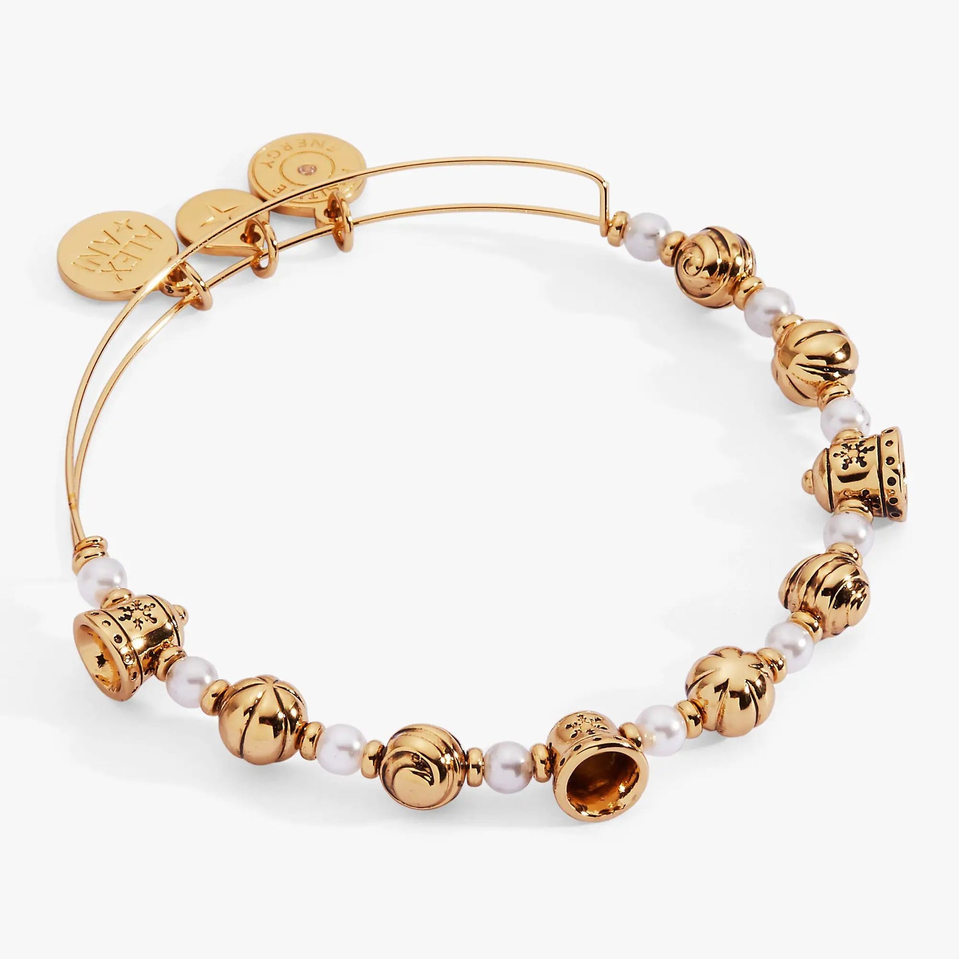 Bells Beaded Bangle by ALEX AND ANI gold-tone bracelet with white pearls and spacer beads on Tampa Home & Garden Store