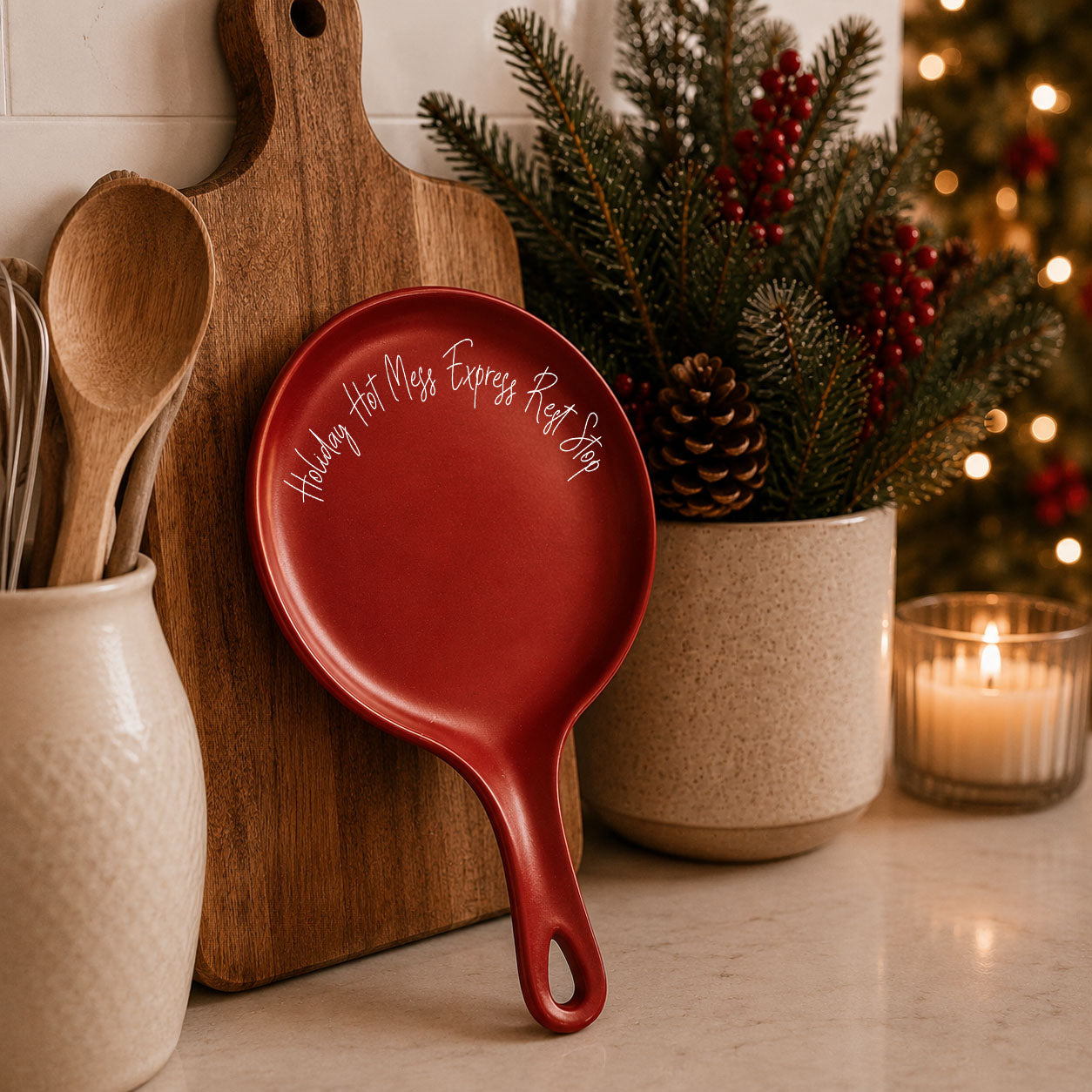 Holiday Hot Mess Stop red spoon rest by Gia Roma, kitchen accessory on Tampa Home & Garden Store