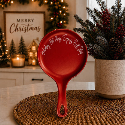 Holiday Hot Mess Stop spoon rest by Gia Roma, red round kitchen accessory on placemat on Tampa Home & Garden Store