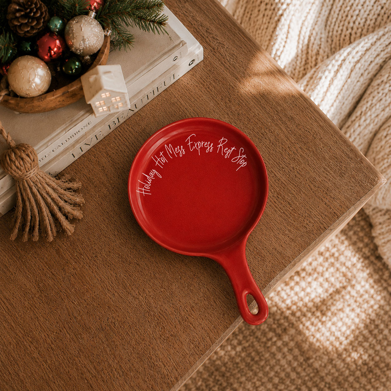 Gia Roma Holiday Hot Mess Express Rest Stop spoon rest, red ceramic with handle hole on table on Tampa Home & Garden Store