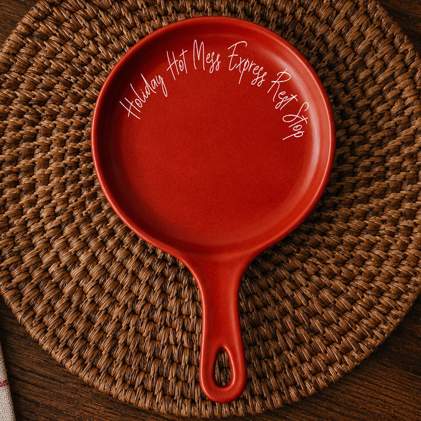 Spoon rest Gia Roma red ceramic with Holiday Hot Mess Stop text along edge on Tampa Home & Garden Store