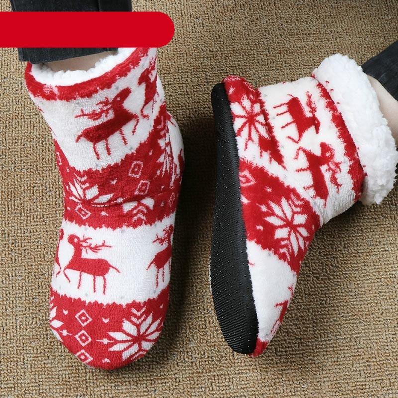 Stevvex women's plush slippers, red Nordic reindeer snowflake pattern, faux fur on Tampa Home & Garden Store
