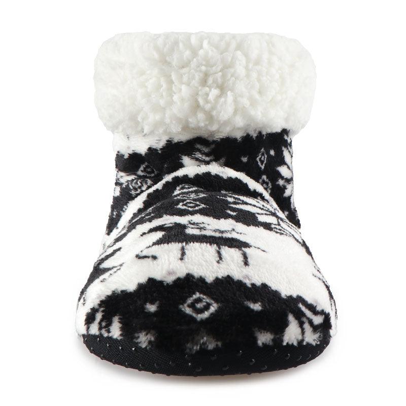 Stevvex women's winter slipper bootie with black white elk pattern and white faux fur cuff on Tampa Home & Garden Store