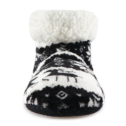 Stevvex women's winter slipper bootie with black white elk pattern and white faux fur cuff on Tampa Home & Garden Store