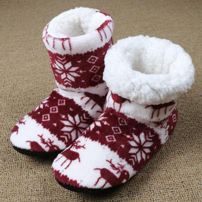 Stevvex women's plush indoor slippers pair with white faux fur lining and red elk pattern on Tampa Home & Garden Store