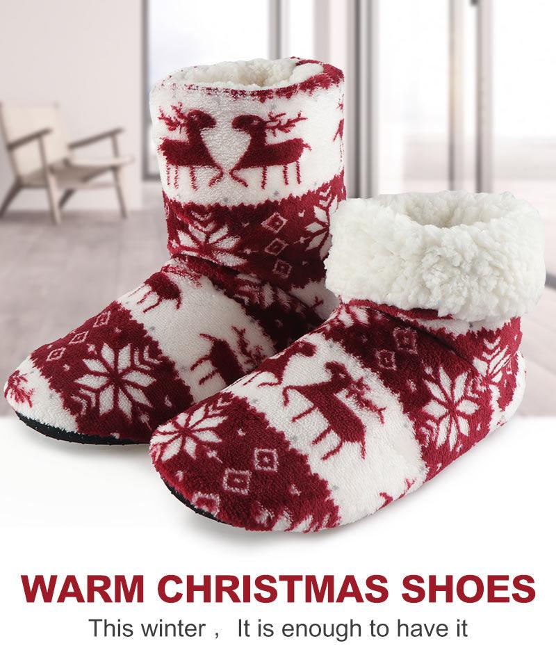 Women’s red and white fuzzy Christmas slippers with faux fur lining and elk/reindeer pattern on Tampa Home & Garden Store