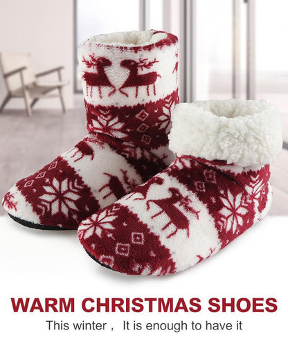 Women’s red and white fuzzy Christmas slippers with faux fur lining and elk/reindeer pattern on Tampa Home & Garden Store