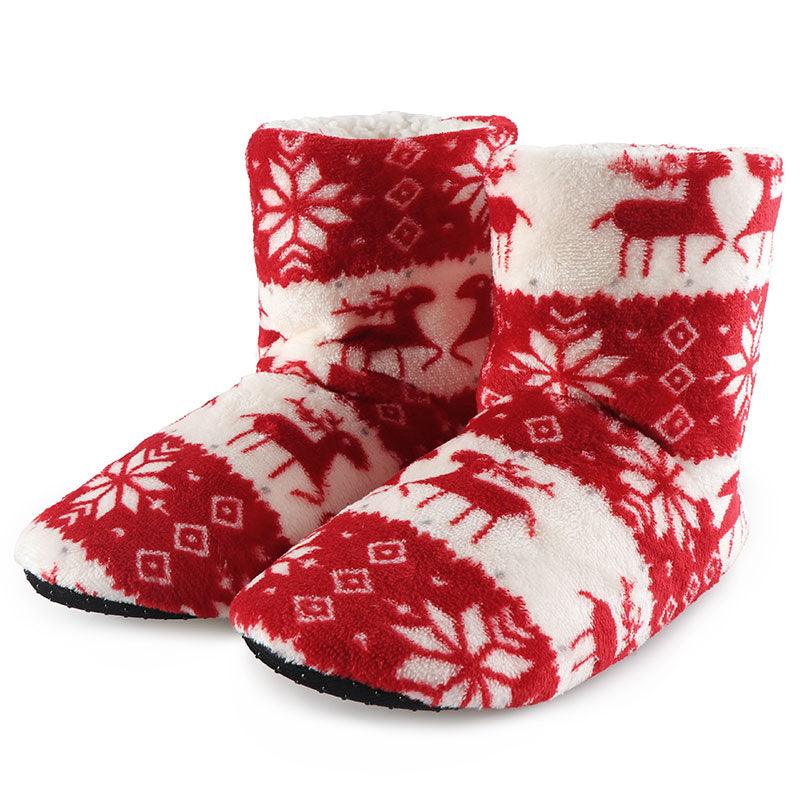 Women’s plush slippers Stevvex red and white knit with reindeer and snowflake pattern fuzzy interior on Tampa Home & Garden Store
