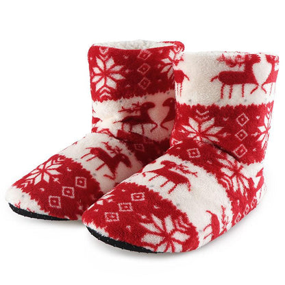 Women’s plush slippers Stevvex red and white knit with reindeer and snowflake pattern fuzzy interior on Tampa Home & Garden Store