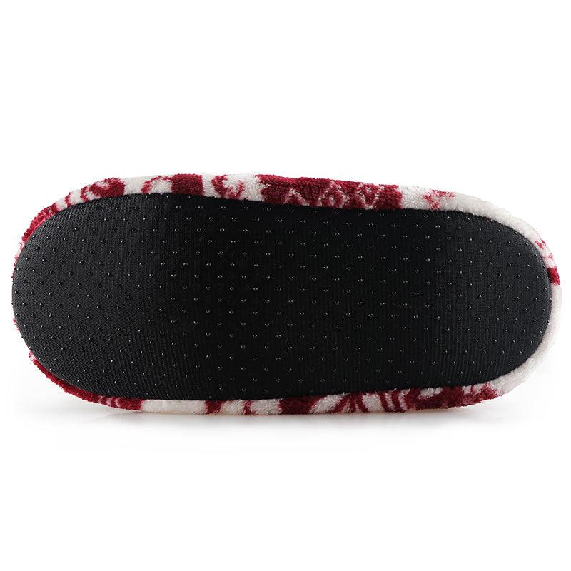 Womens fuzzy slipper bootie with red floral faux fur trim and black dotted anti-slip sole on Tampa Home & Garden Store