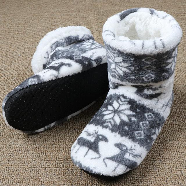 Women knit slipper booties in gray/white snowflake deer pattern with warm lining and non-slip sole on Tampa Home & Garden Store