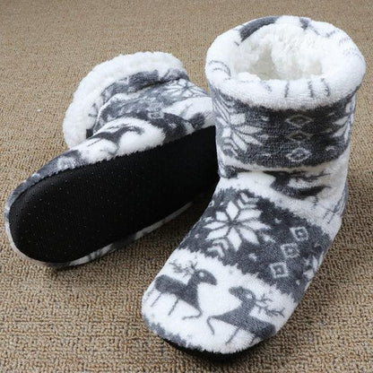 Women knit slipper booties in gray/white snowflake deer pattern with warm lining and non-slip sole on Tampa Home & Garden Store