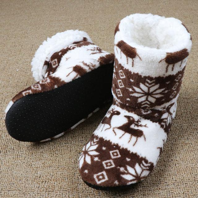 Stevvex women's plush slippers white brown knit reindeer faux fur pair on Tampa Home & Garden Store