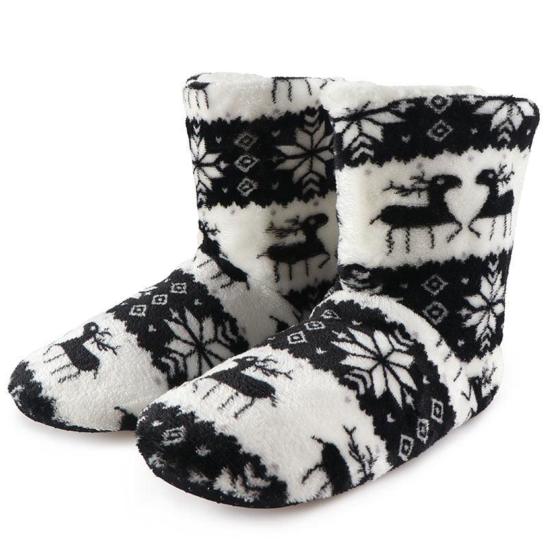 Stevvex women elk-pattern plush slippers with faux fur for indoor use in black/white on Tampa Home & Garden Store
