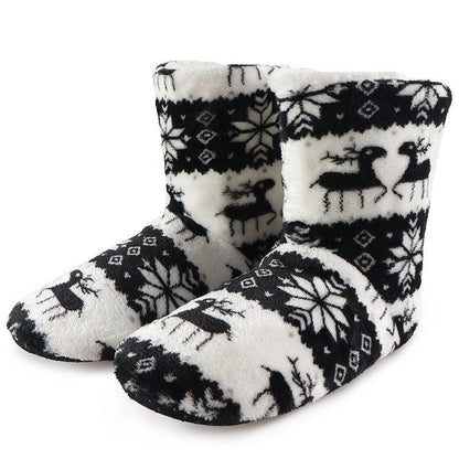 Stevvex women elk-pattern plush slippers with faux fur for indoor use in black/white on Tampa Home & Garden Store