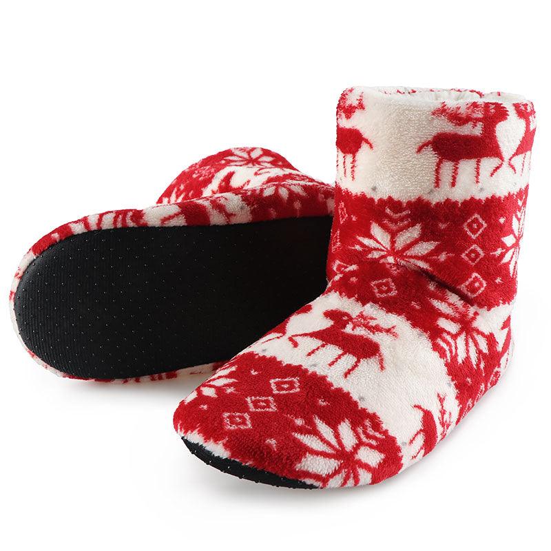 Pair of women's red and white elk-pattern fuzzy slipper boots with plush lining on Tampa Home & Garden Store