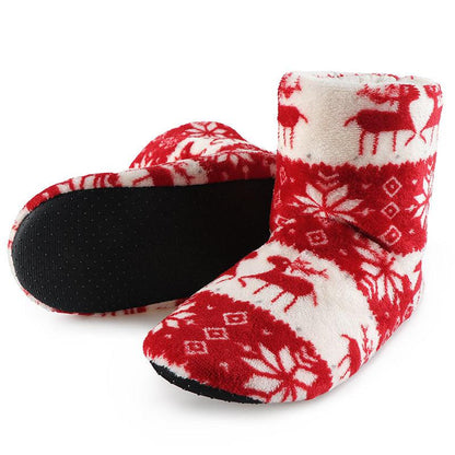 Pair of women's red and white elk-pattern fuzzy slipper boots with plush lining on Tampa Home & Garden Store