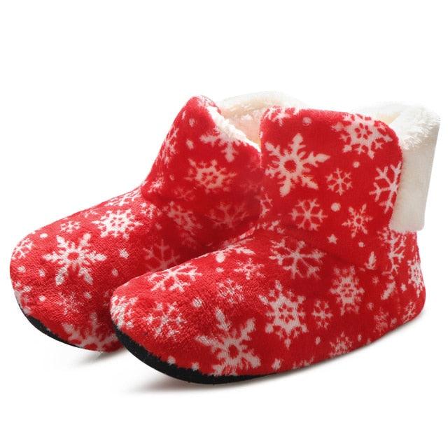 Stevvex women's red snowflake plush slippers with white fur lining, cozy indoor booties on Tampa Home & Garden Store