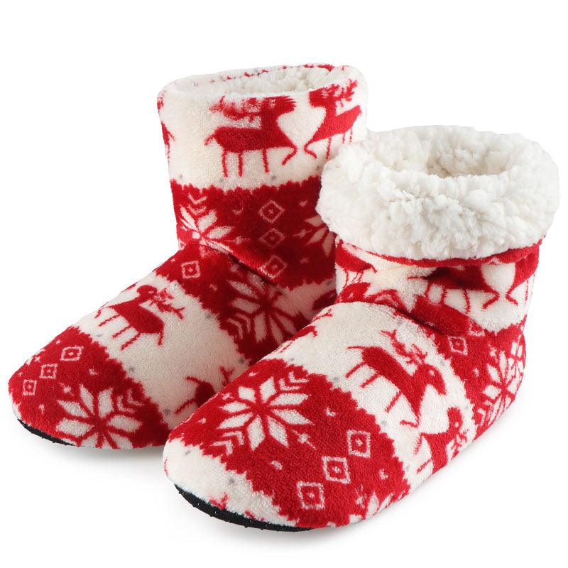 Stevvex women's plush fuzzy slippers red white knit pattern with reindeer and snowflakes on Tampa Home & Garden Store