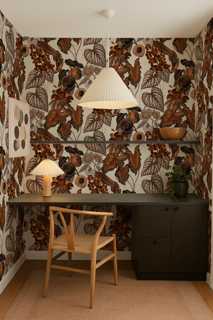 Papier peint Cali Tropicale, blanc cassé et orange brûlé