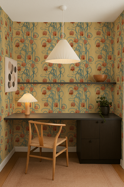 Campanas Wallpaper, butter yellow & slate blue