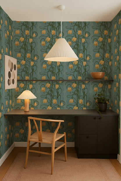 Campanas Wallpaper, dusty blue and marigold