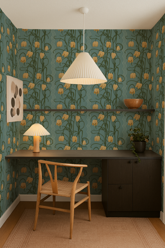 Campanas Wallpaper, dusty blue and marigold - Tampa Home & Garden Store