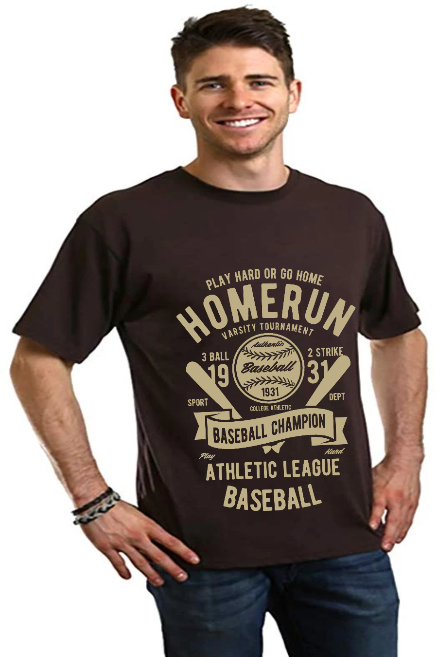 Homerun Baseball men's bamboo viscose organic cotton graphic tee in dark brown with beige print on Tampa Home & Garden Store