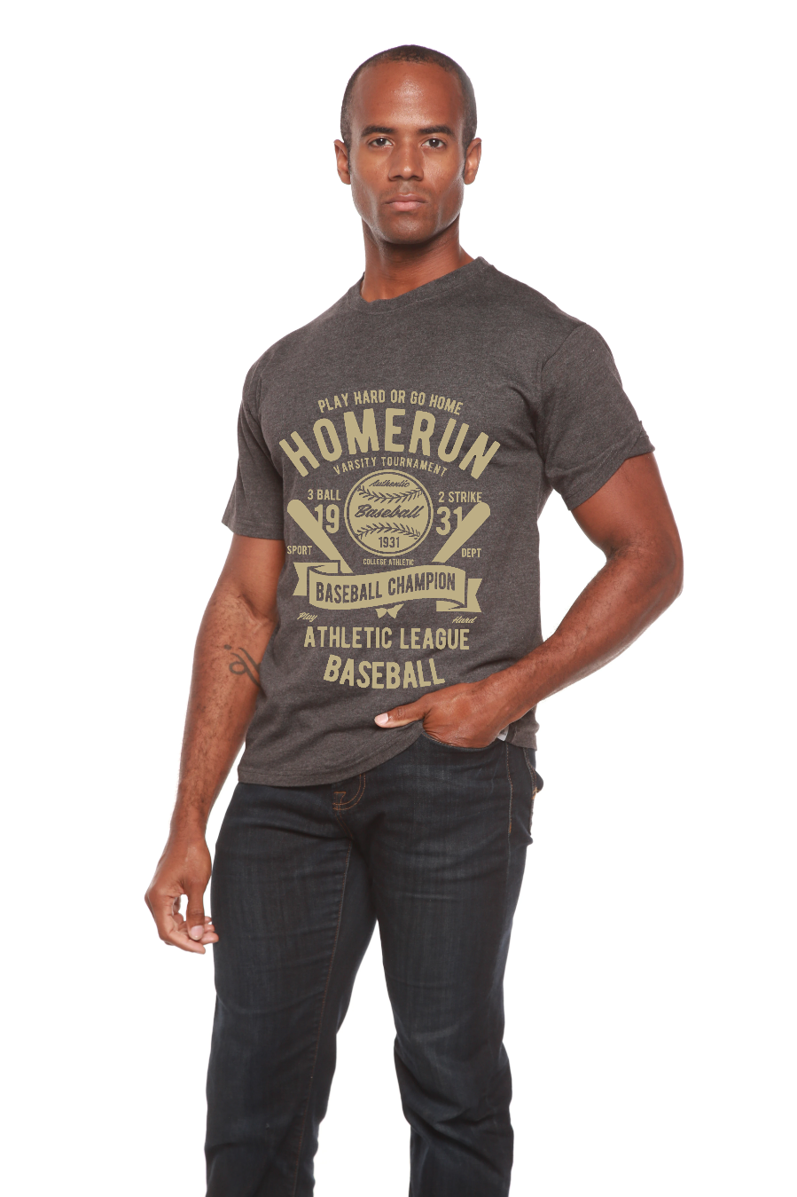 Men's Homerun Baseball graphic T-shirt in charcoal bamboo viscose/organic cotton by Spun Bamboo on Tampa Home & Garden Store