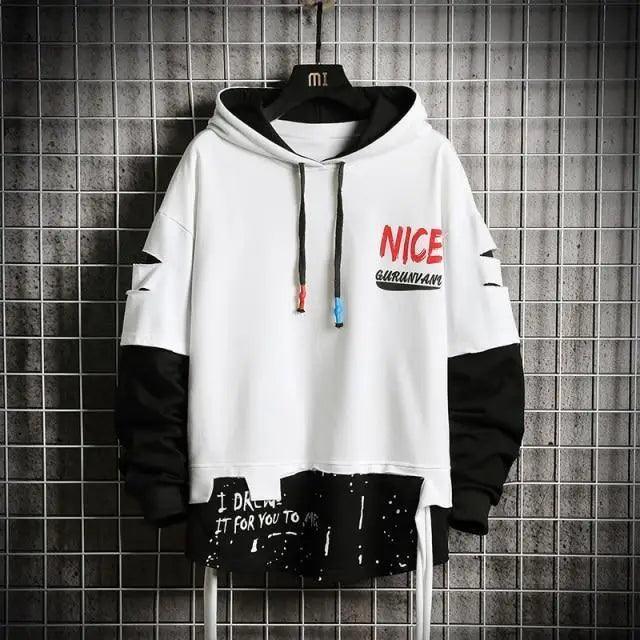 Stevvex men's colorblock hoodie white/black with NICE graphic and paint-splatter hem on Tampa Home & Garden Store