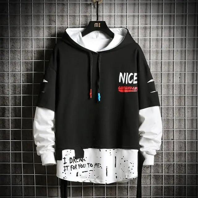 Men's hooded sweatshirt Stevvex black with white sleeves NICE print patchwork hem splatter on Tampa Home & Garden Store
