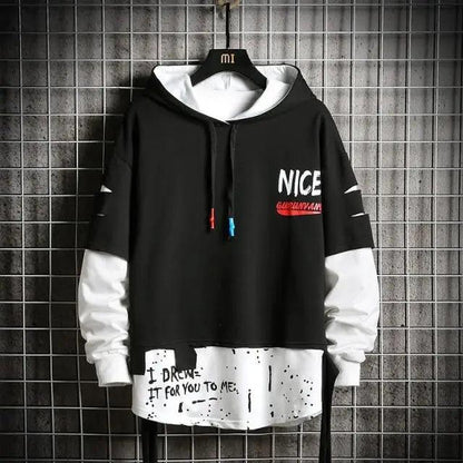 Men's hooded sweatshirt Stevvex black with white sleeves NICE print patchwork hem splatter on Tampa Home & Garden Store