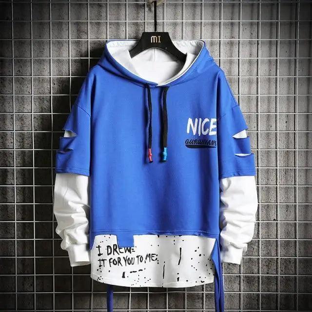 Hooded sweatshirt blue with white sleeves, NICE print, patchwork hem, colorful drawstrings on Tampa Home & Garden Store