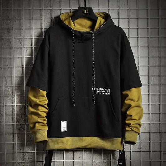Stevvex black hoodie with mustard sleeves and hood lining, front pocket and drawstrings on Tampa Home & Garden Store