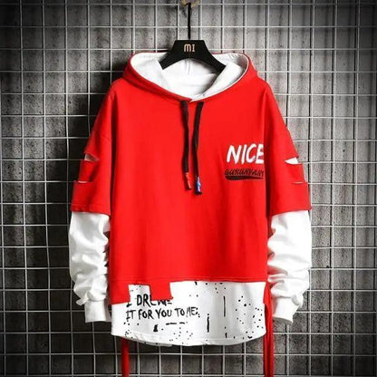 Stevvex Hooded Sweatshirt red body with white sleeves and hood, chest NICE graphic, white paint-splatter patch hem on Tampa Home & Garden Store