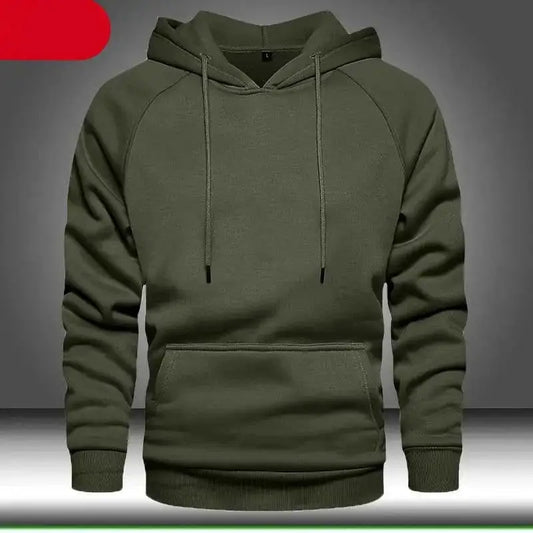Men's olive green hoodie pullover with drawstring hood and front kangaroo pocket on Tampa Home & Garden Store
