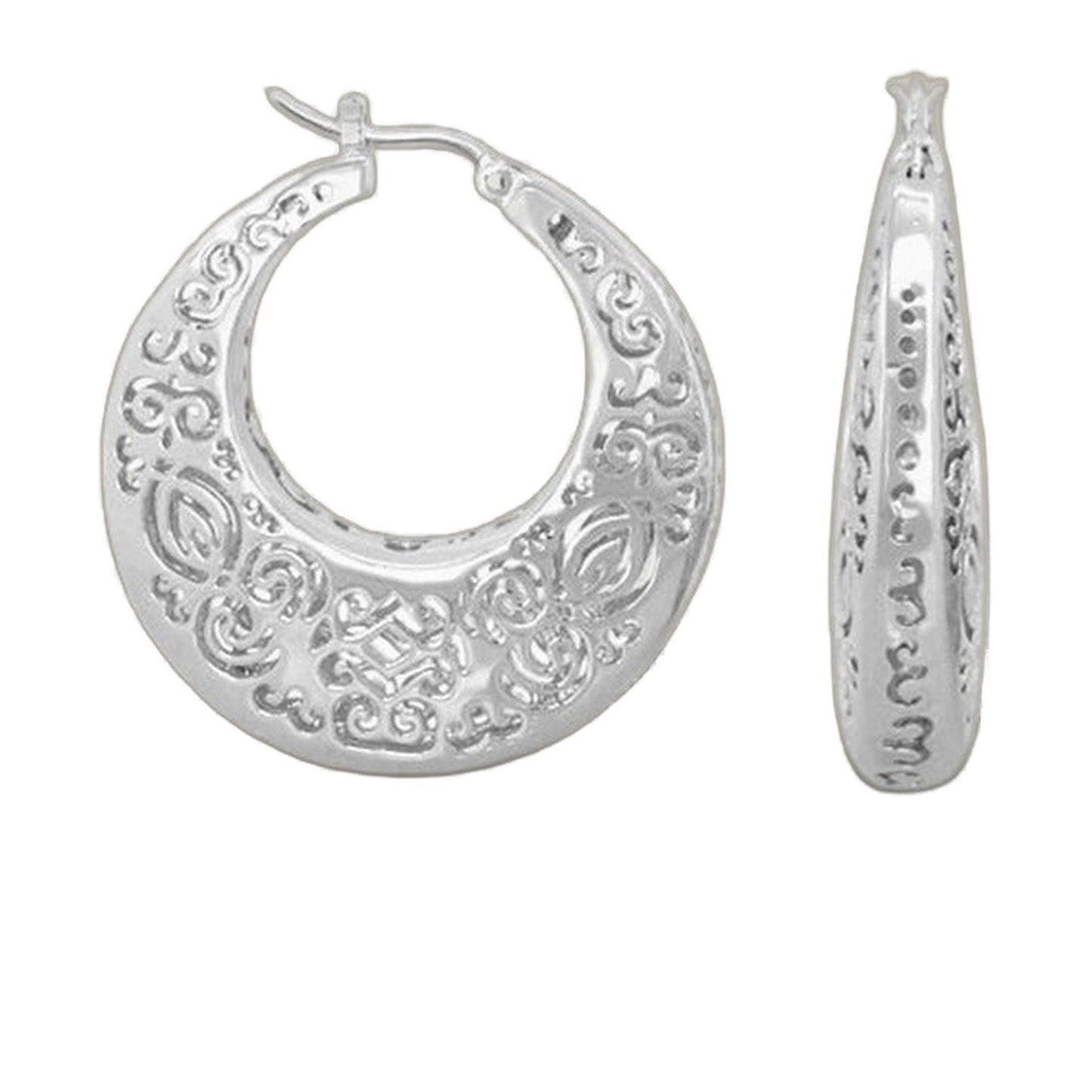 Pair of hoop earrings by Lauren G Adams in silver-tone with ornate scrollwork engravings on Tampa Home & Garden Store