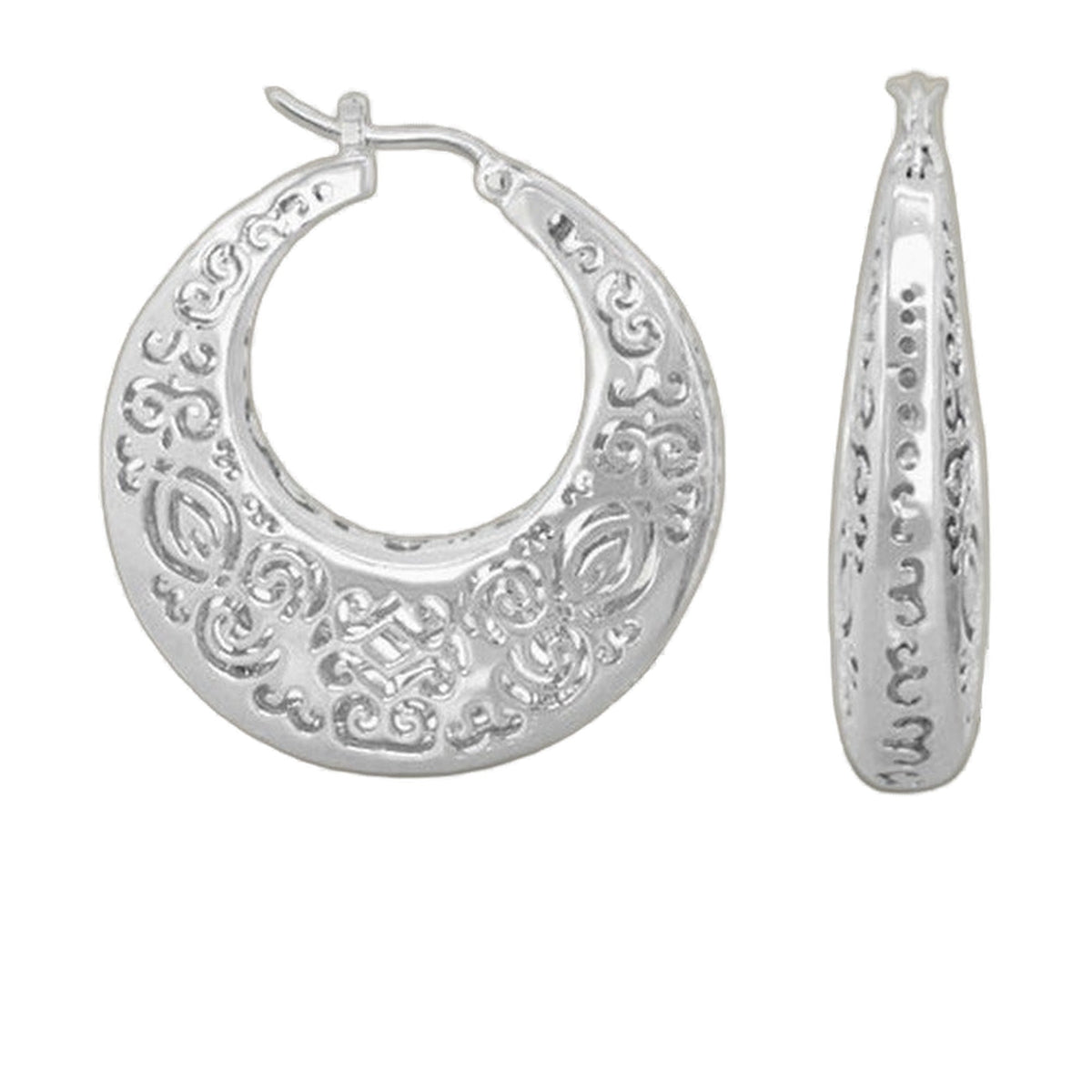 Pair of hoop earrings by Lauren G Adams in silver-tone with ornate scrollwork engravings on Tampa Home & Garden Store