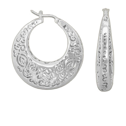 Pair of hoop earrings by Lauren G Adams in silver-tone with ornate scrollwork engravings on Tampa Home & Garden Store