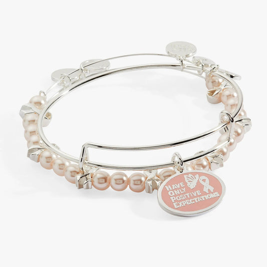 Bracelet set HOPE breast cancer awareness charms by Alex and Ani; silver-tone bangles with pink pearl beads set of 2 on Tampa Home & Garden Store