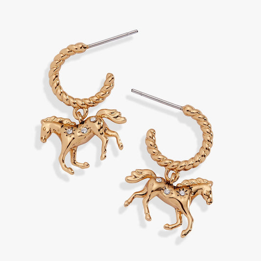 Horse Girl Huggie Hoop Earrings rose gold-tone rope hoops with crystal horse charm on Tampa Home & Garden Store