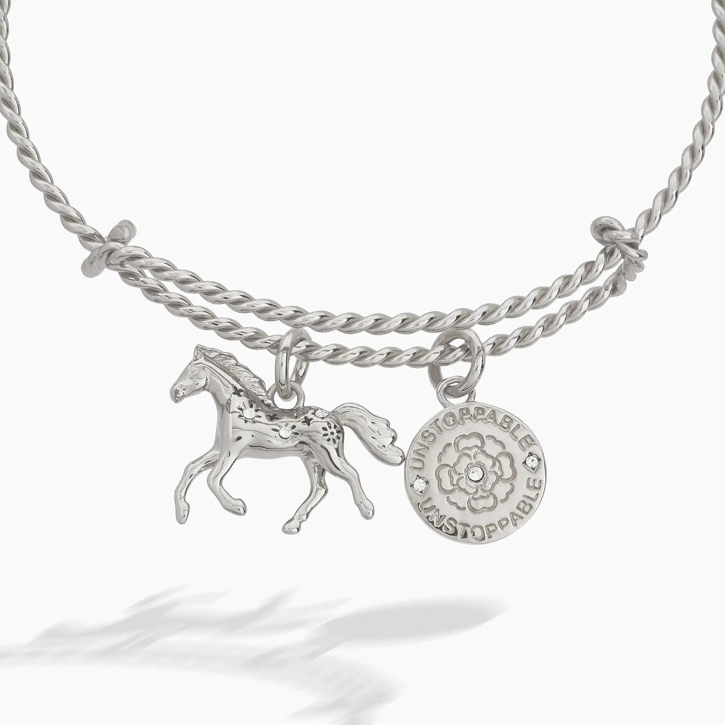 ALEX AND ANI silver horse rope-textured charm bracelet with horse and floral coin charms on Tampa Home & Garden Store