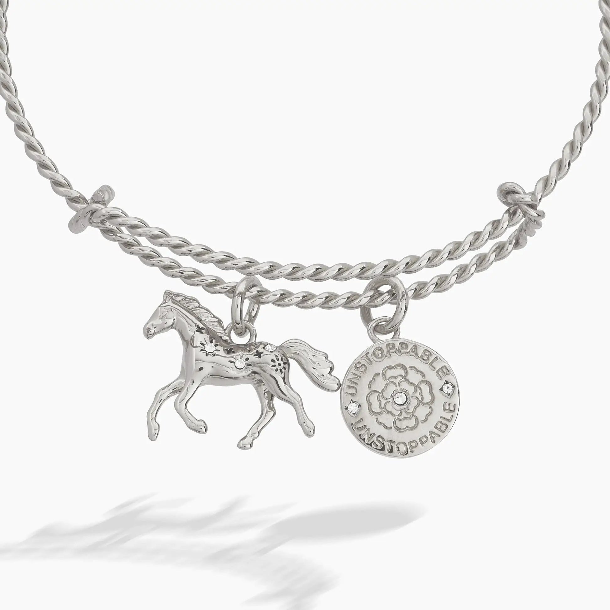ALEX AND ANI silver horse rope-textured charm bracelet with horse and floral coin charms on Tampa Home & Garden Store